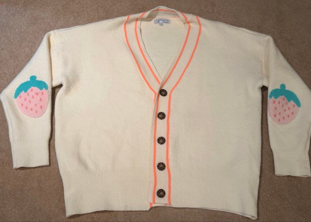 Miss Sparkling Strawberry Cardigan Sweater White Pink Elbow Patches Small S